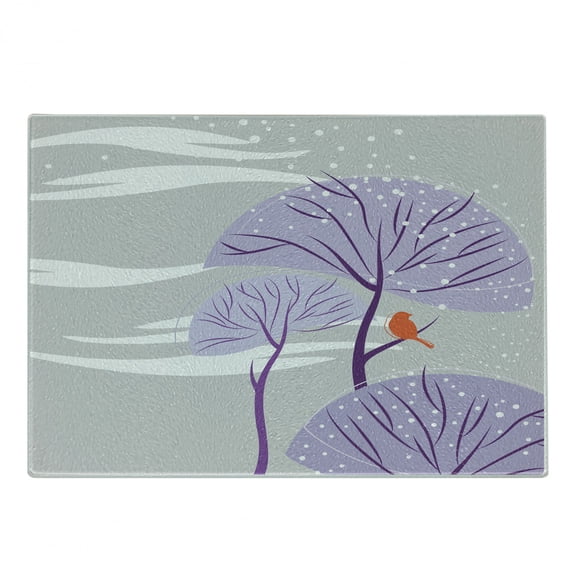 Winter Cutting Board, Seasonal Conceptual Art Purple Trees Snowy Weather Bird Animal, Decorative Tempered Glass Cutting and Serving Board, Small Size, Dust Purple Orange, by Ambesonne