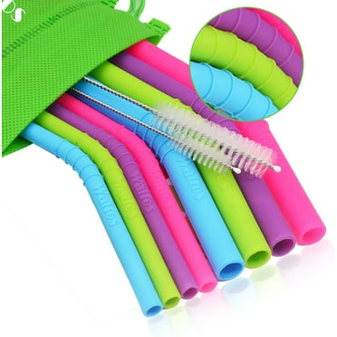 Walfos Reusable Silicone Straws - 2 Size Flexible Drinking Bendy Straws for Smoothies/20 & 30 oz Tumblers, BPA Free (4 Wide Straws   4 Regular Straws   2 Cleaning Brushes ）