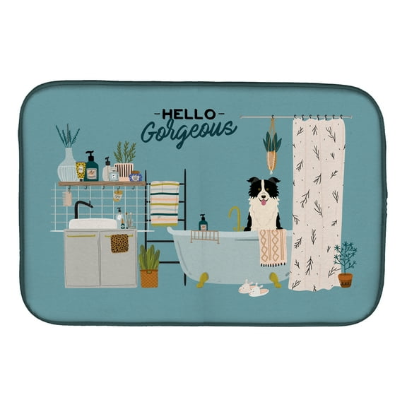 Black White Border Collie in Bathtub Dish Drying Mat