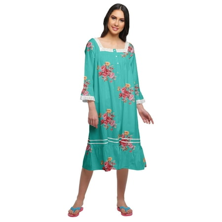 

Moomaya Printed Long Sleeve Ladies Nightdress Lace Neckline Nursing Nightwear