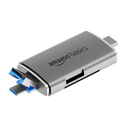 Basics OTG Card Reader and Hub with Type-C, USB & Micro Ports | Portable Memory Card Reader Supports Drives, TF, SD, Micro SD, SDHC, SDXC, MMC (Grey)