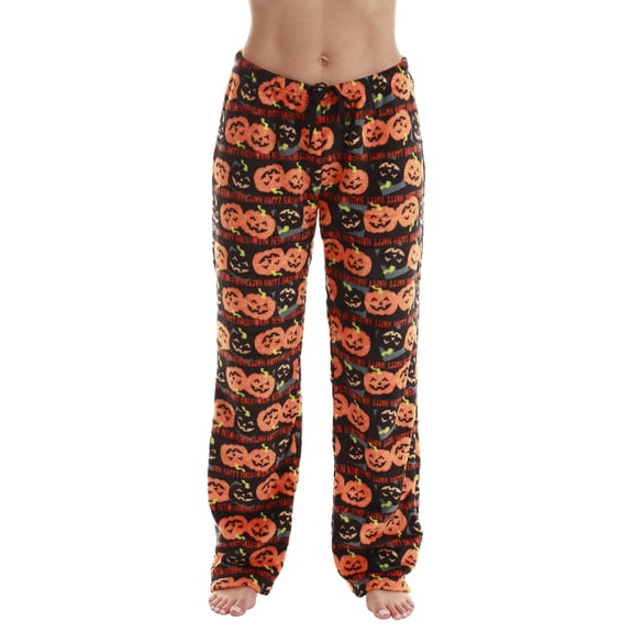 Just Love Women's Plush Pajama Pants - Cozy Lounge Sleepwear (Black - Halloween Pumpkin, X-Small)