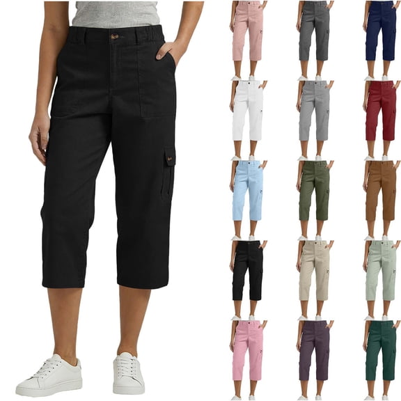 DYTTDG Women's Elastic Waist Cargo Capri Pants | Casual Solid Color Cropped Trousers with Multiple Pockets, Relaxed Fit Summer Pants