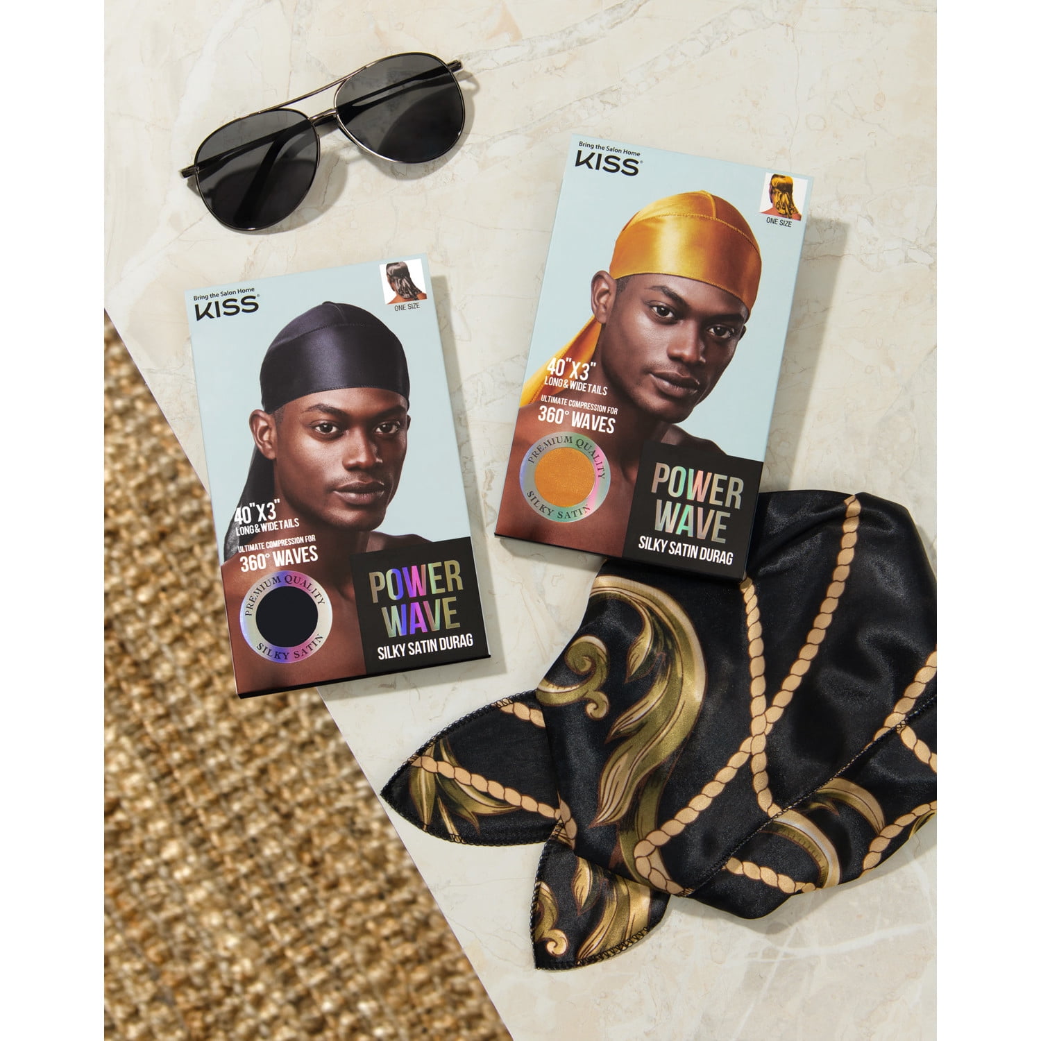 (3 pack) Kiss Colors & Care Power Wave Silky Satin Durag, Solid Black