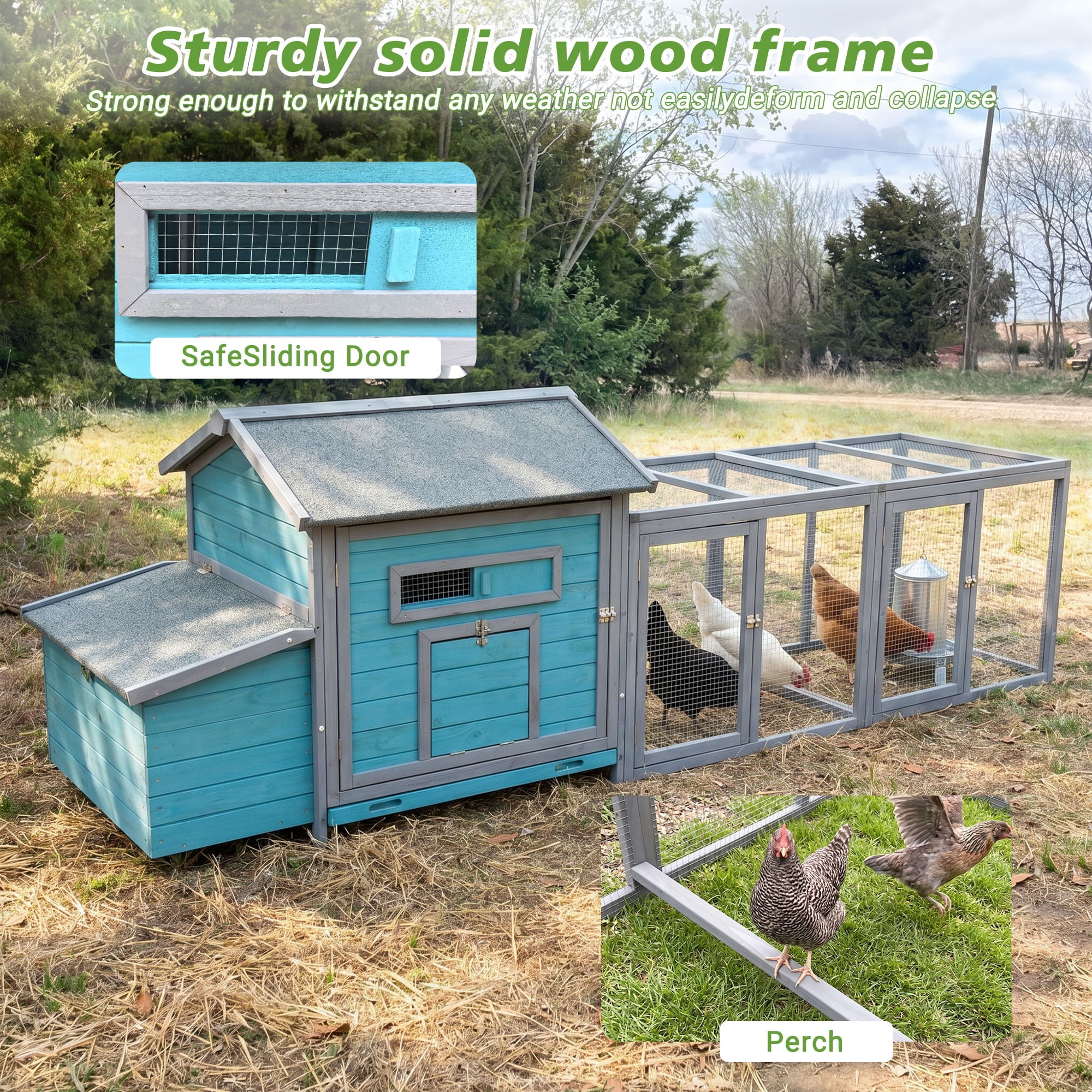 Aukfa 114" Large Chicken Coop Wood Chicken Run Cage w/ Nest Box and Pull-on Tray for Outdoor, Backyard, Blue
