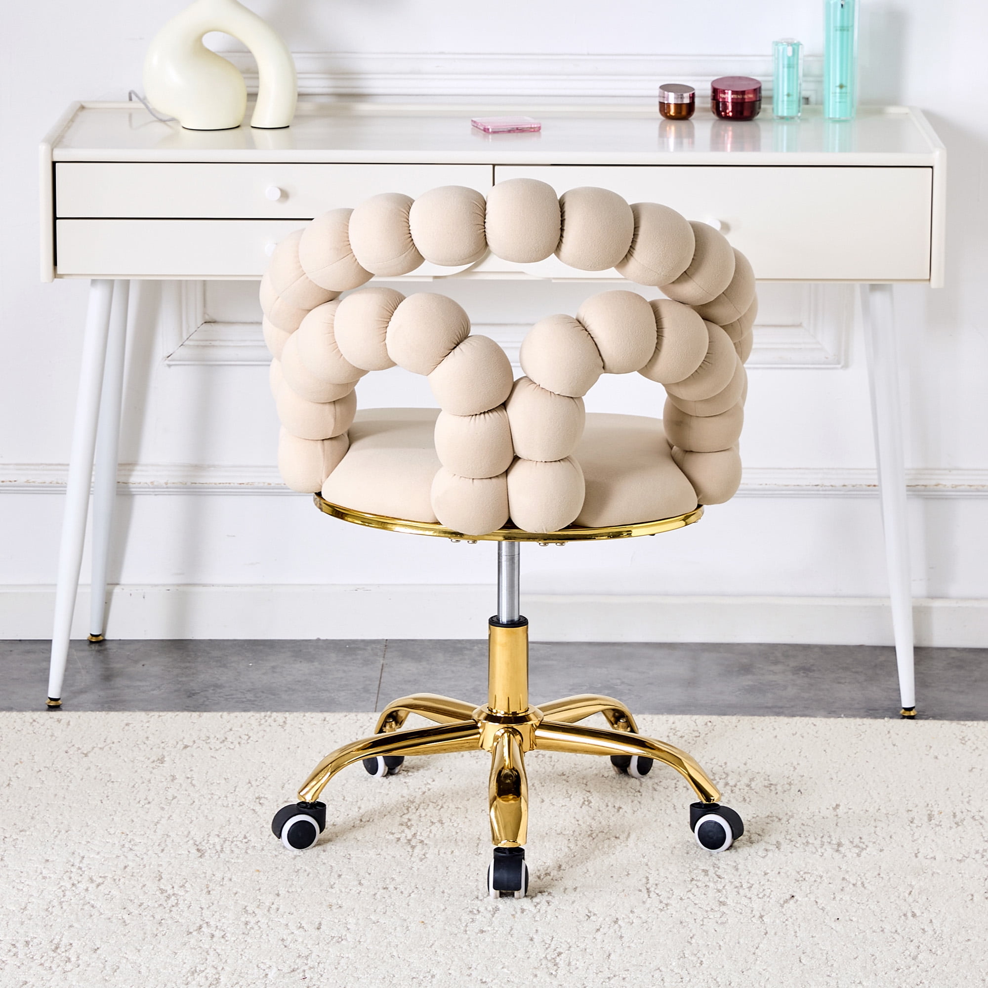 Velvet Swivel Desk Chair with Wheels, Comfortable Adjustable Height Vanity Chair, Bubble Back Computer Task Chair Beige Computer Desk Chair