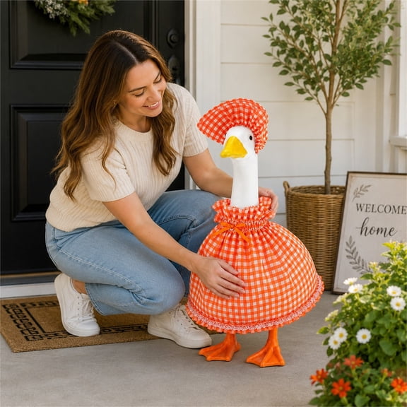 Porch Bird Checkered Dress Bonnet Outfit Set, Vintage Cottage Style Garden Statue Costume for Outdoor Yard, Easy Wear Patio Decor Accessory for Porch Bird Figure, Collector Holiday Gift Set