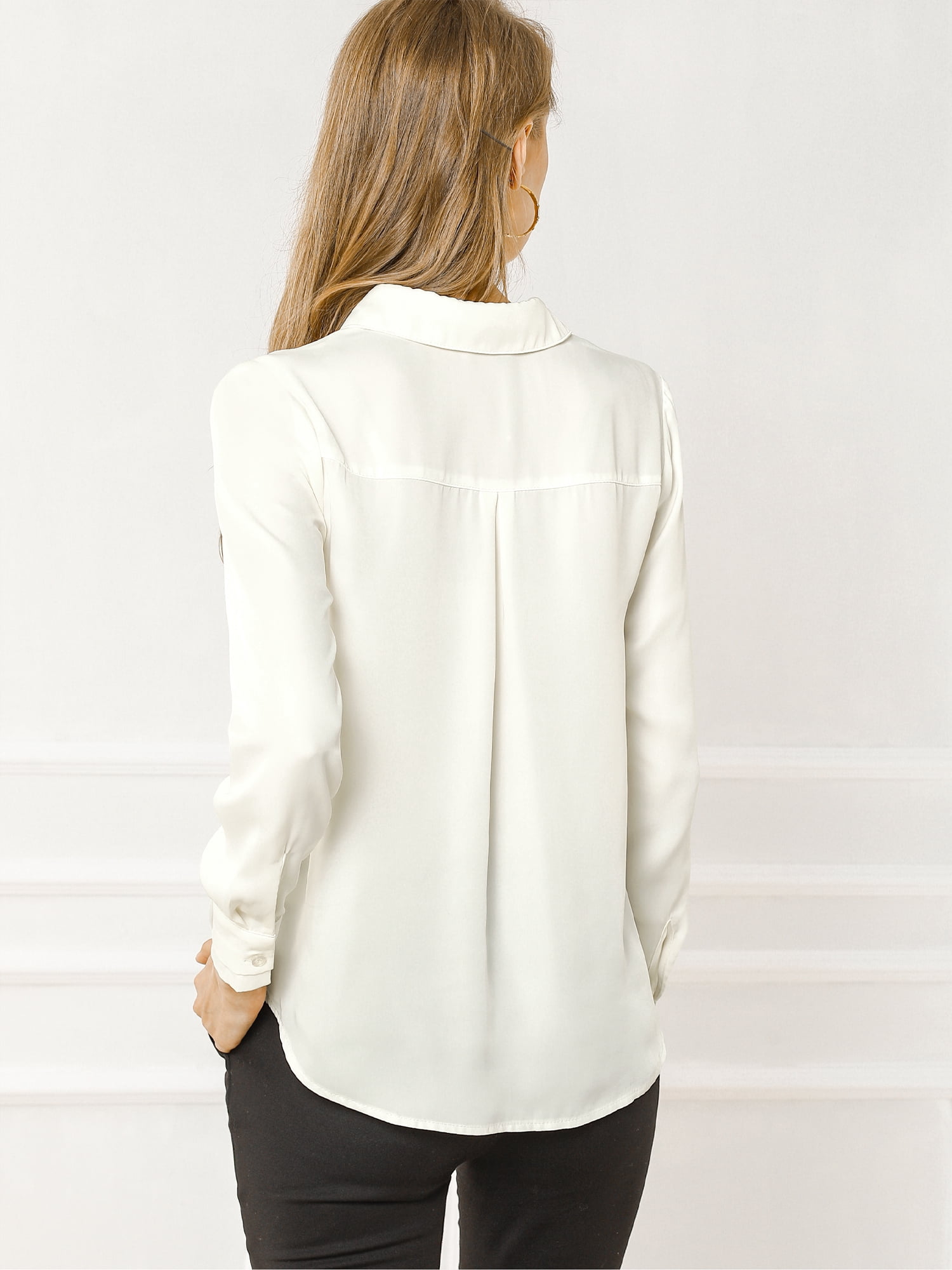 DARING DIVA Women's V Neck Classic Work Office Long Sleeve Shirt XL White