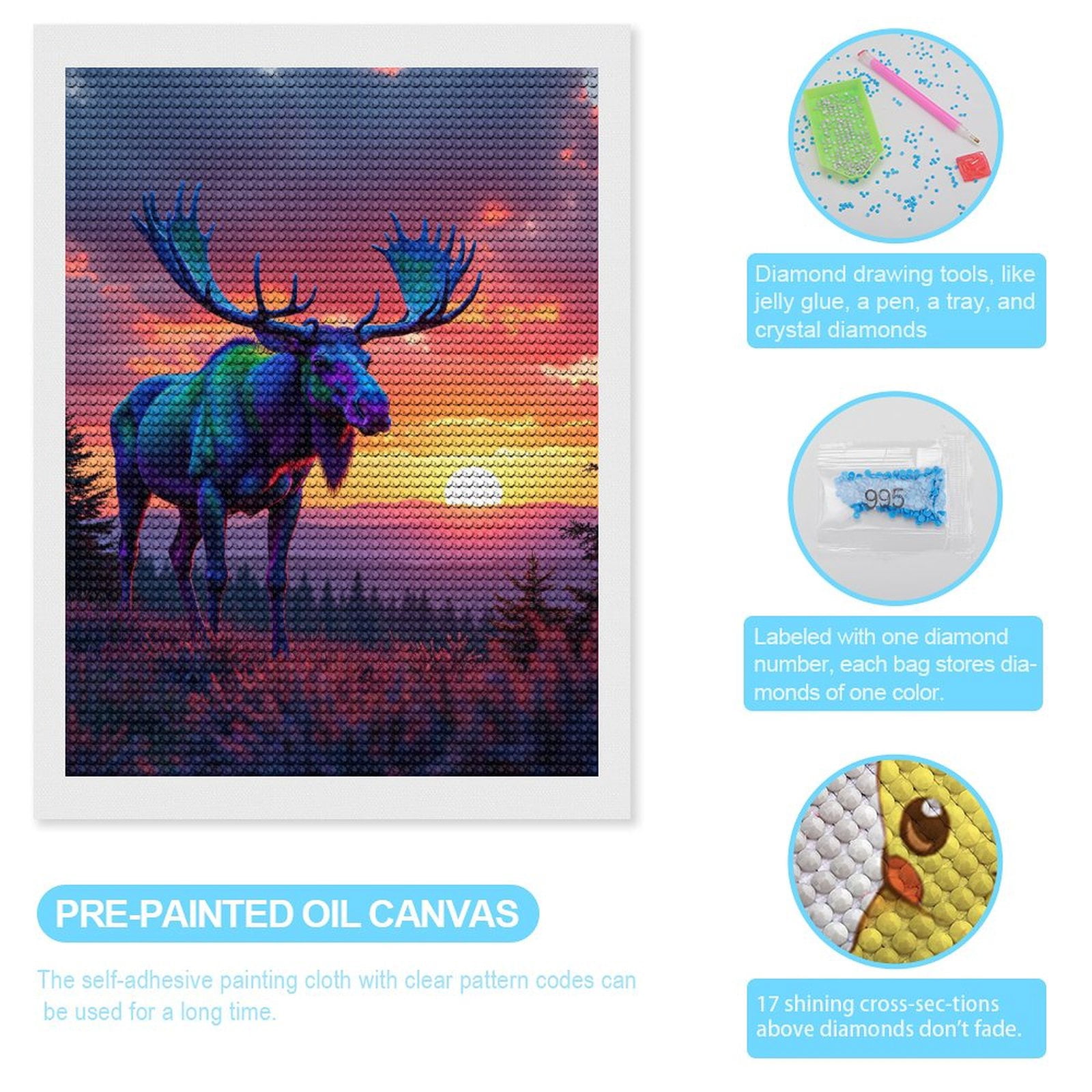 Diamond Art Kits for Adults, Moose Sunset Vibrant Colors 5D Diamond Painting Kits for Adults Beginners, DIY Full Drill Diamond Painting, Gem Art and Crafts 12x16