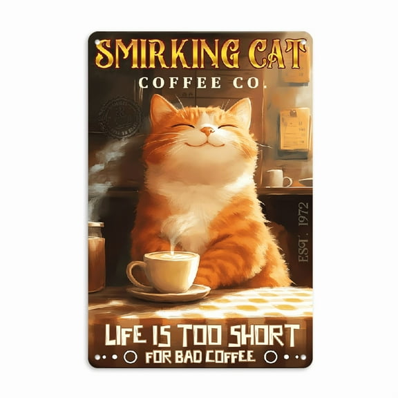 Coffee Sign Smirking Cat Vintage Metal Poster Sign Life is Too Short for Bad Coffee Wall Decor Home Wall Art Decoration Retro Metal Tin Sign 8x12inch for Home Garage Door Bar Club Restaurant Cafe