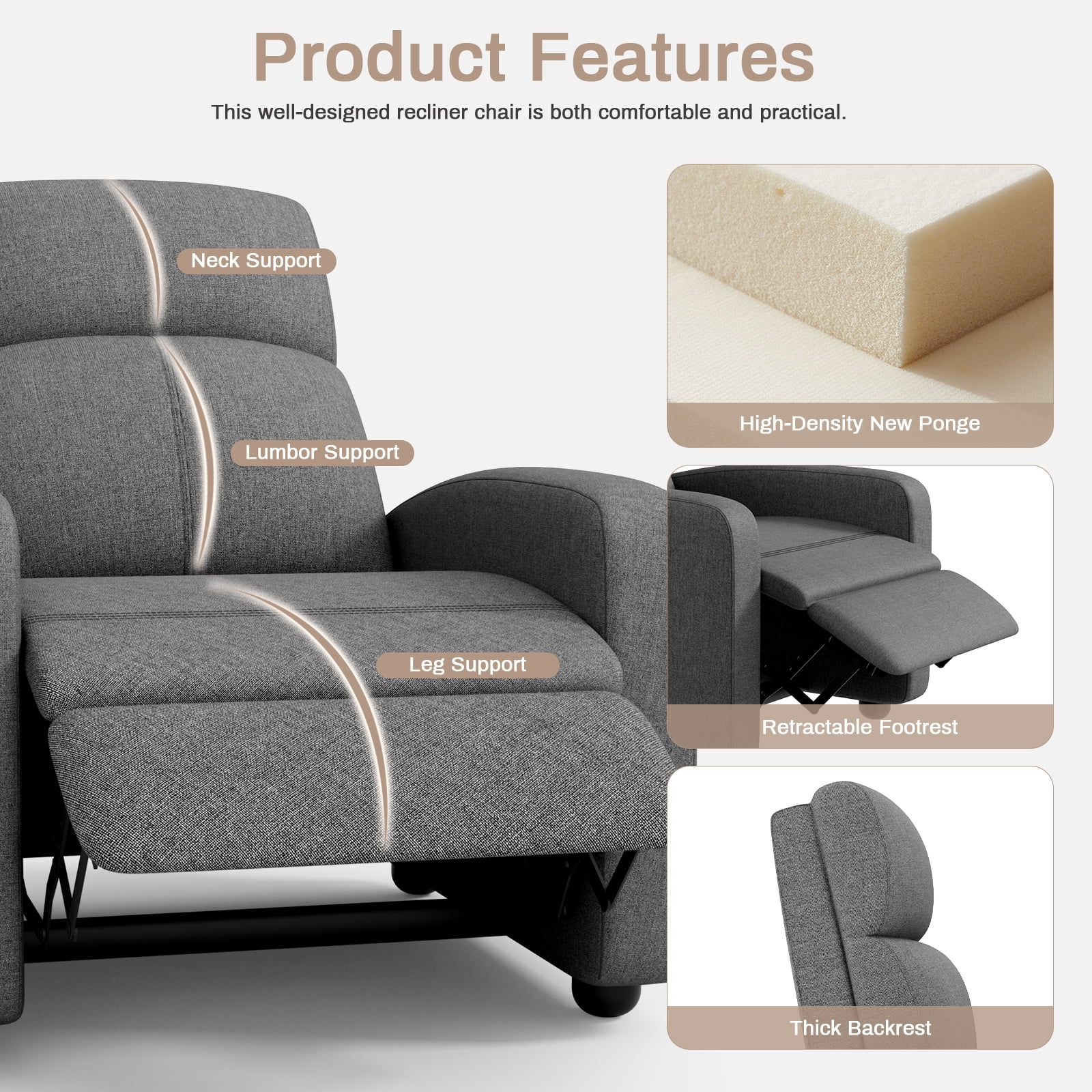 Arlopu Fabric Recliner Chair, Single Reclining Chair Home Theater Seating with Side Pocket, Adjustable Backrest and Footrest, Ergonomic Lounge Chair for Living Room
