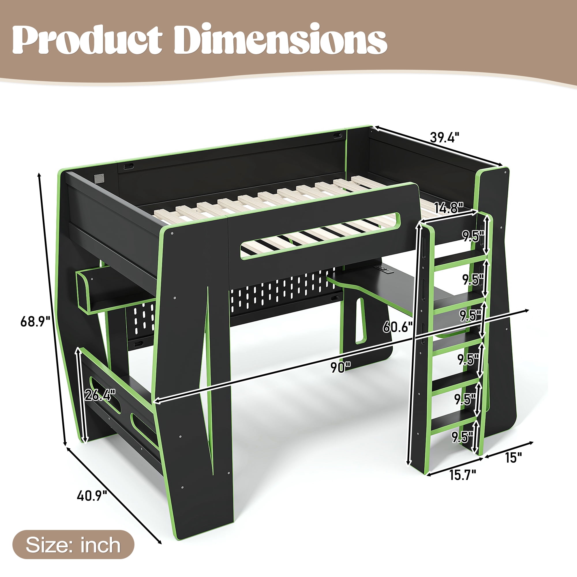 Mintazer Twin Size Gaming Loft Bed with Desk & LED Ambient Light, Esports Loft Bed with Storage Shelves & Power Outlet for Teens Bedroom, Green