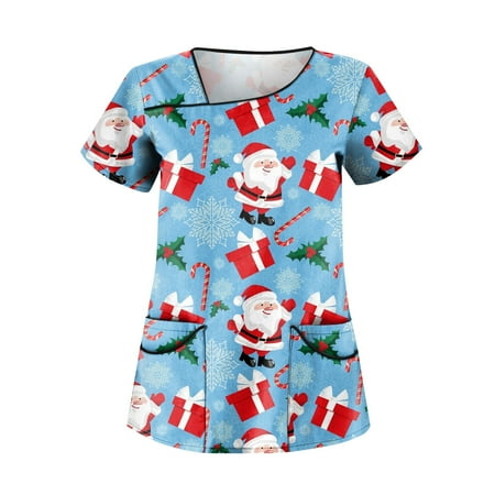 

Ovticza Christmas Scrub Tops Women Plus Snowman with Pockets Short Sleeve Nursing V Neck Xmas Print Soft Christmas Scrub Women Top Sky Blue M
