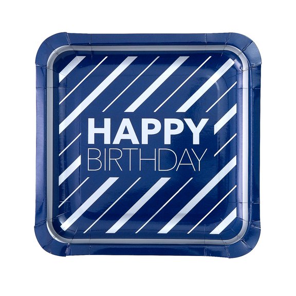 Fun Express Happy Birthday Party Blue & Silver Square Paper Dinner Plates - 8 Count