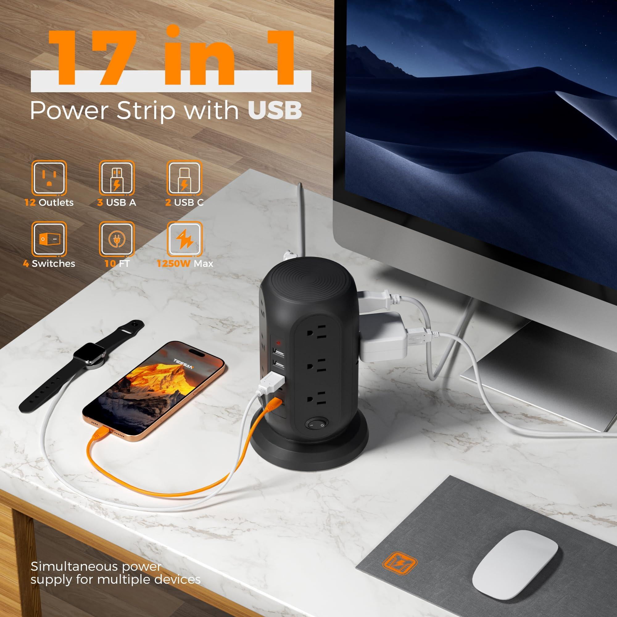 Tower Power Strip With Individual Switches  Surge Protector 12 Outlets 5 Usb Ports(2 C) Flat Extension Cord 10 Ft 1250w Charging Station For Multiple Devices Office Dorm Black