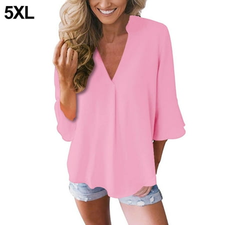 

V Neck Chiffon Blouse Lightweight Loose 3/4 Sleeve T-Shirt Top for Daily Casual Work