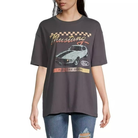 Women's Juniors Crew Neck Ford Mustang Fuel the Dream Elbow Sleeve T-Shirt Size S