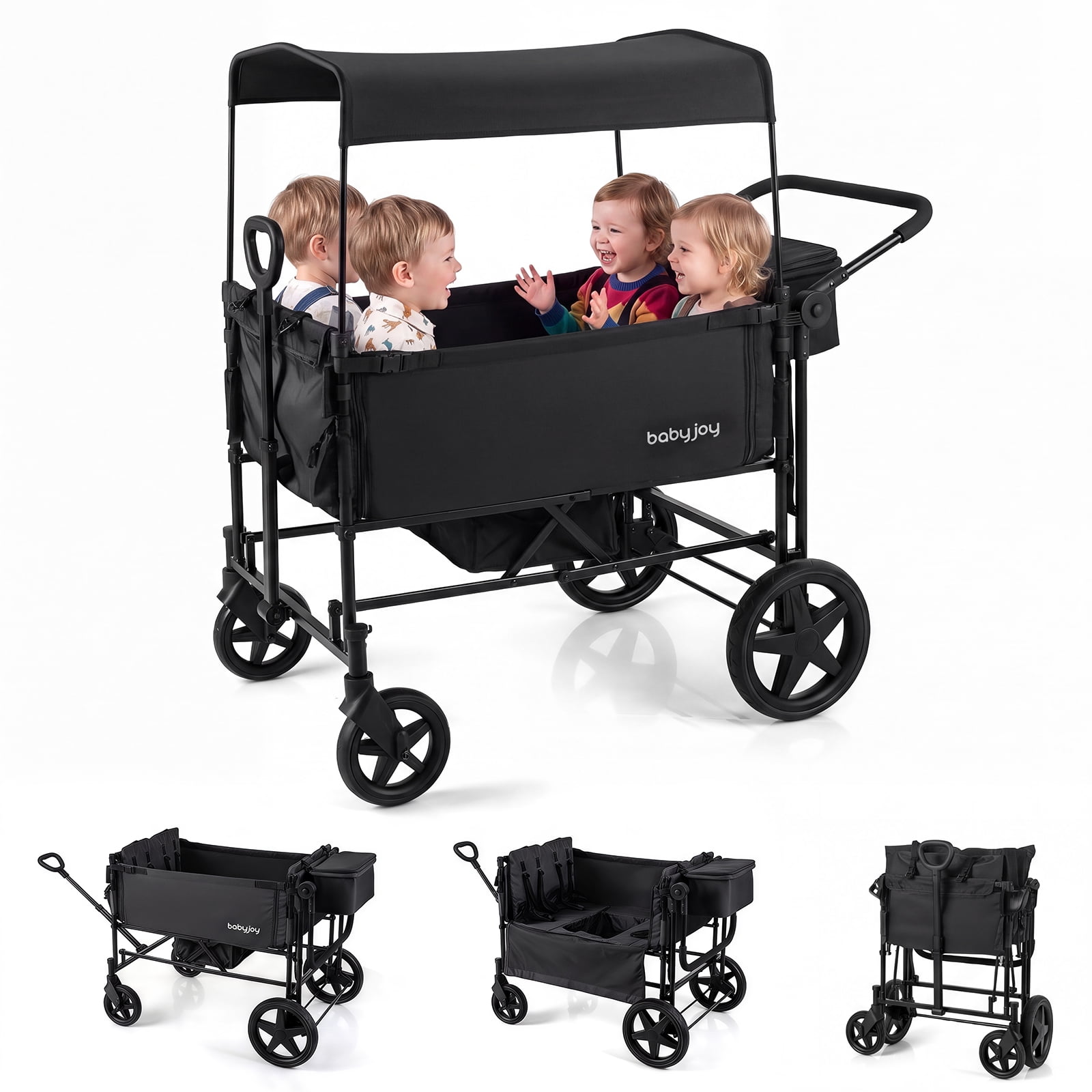 Babyjoy Foldable Wagon Stroller for 4 Kids with Removable Canopy, One-step Brake System Black