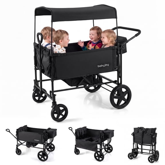 Babyjoy Foldable Wagon Stroller for 4 Kids with Removable Canopy, One-step Brake System Black