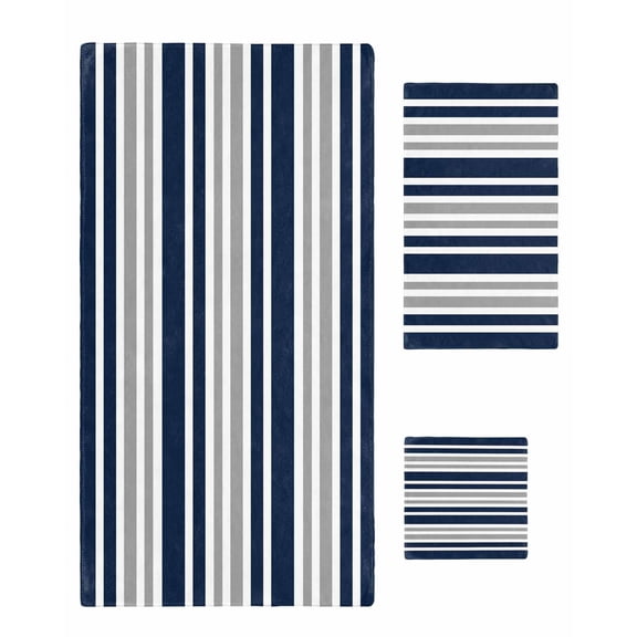 Dark Blue Gray Bath Towels for Bathroom Set,Luxury Microfiber Towels Gifts for Women,Beach Kitchen Hand Hair Face Towel and Dish Washcloth,Horizontal Stripe Minimalist Geometric Towels Set