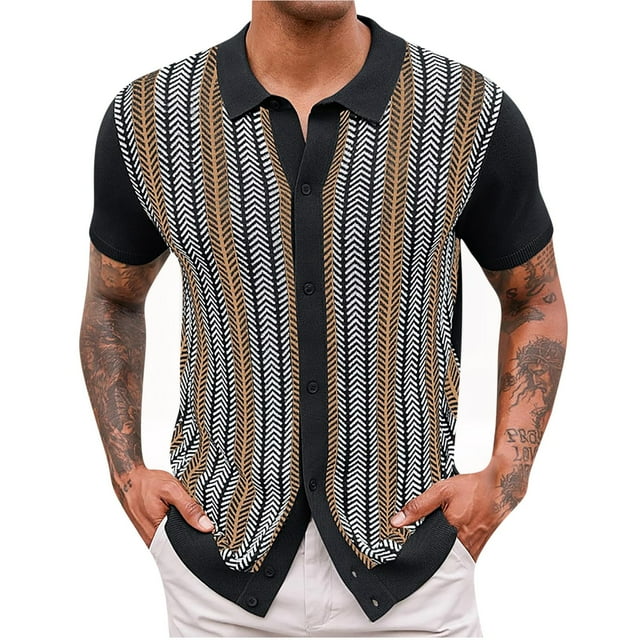 Es Lo Que Es Camisa Rayas de Punto de Manga Corta Solapa Superior, Retro Slim Fit Botón Casual para los Hombres, Estilo Vintage Camisa de Verano