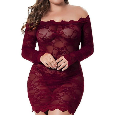 

KVMeteor Women s Plus Size Sexy Off Shoulder See Through Lace Pajamas Nightgown