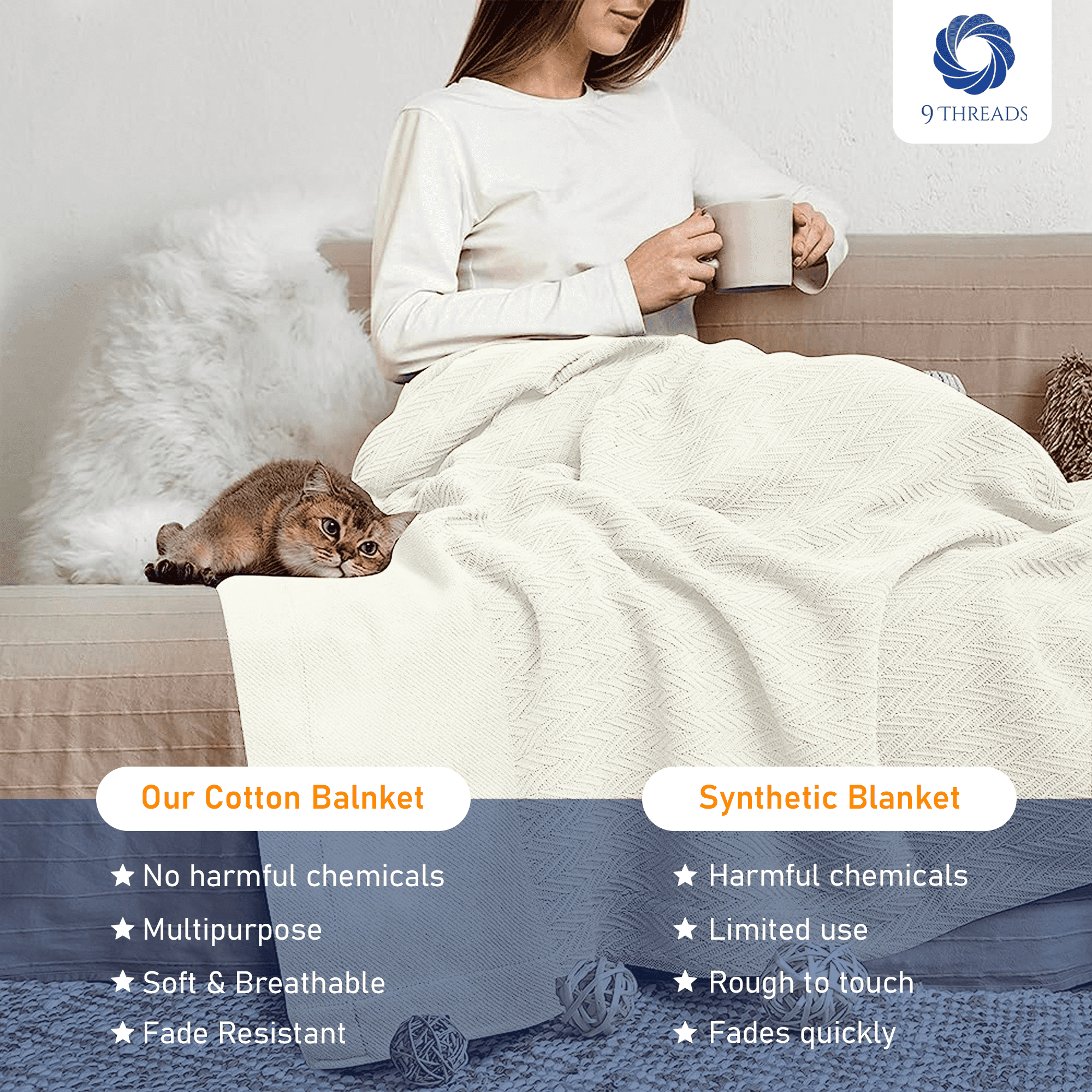 9Threads 100% Cotton Herringbone Weave Blankets, 90" X 90" Queen, Throw Blanket for Bed, All Season Cotton Blanket, Cozy Blanket,Throws & Bed Blanket, Throw Blanket for Couch, Modern Home Decor -Tusk