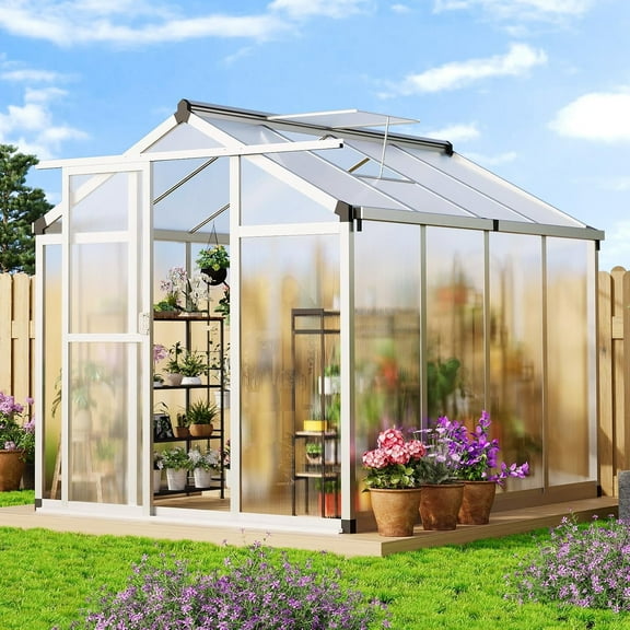 Senfot 6 x 8ft Walk-in Greenhouse Heavy-Duty Aluminum Frame Polycarbonate Panels Easy Assembly Roof Vent Ground Anchors Sliding Lockable Door for Backyard Clear