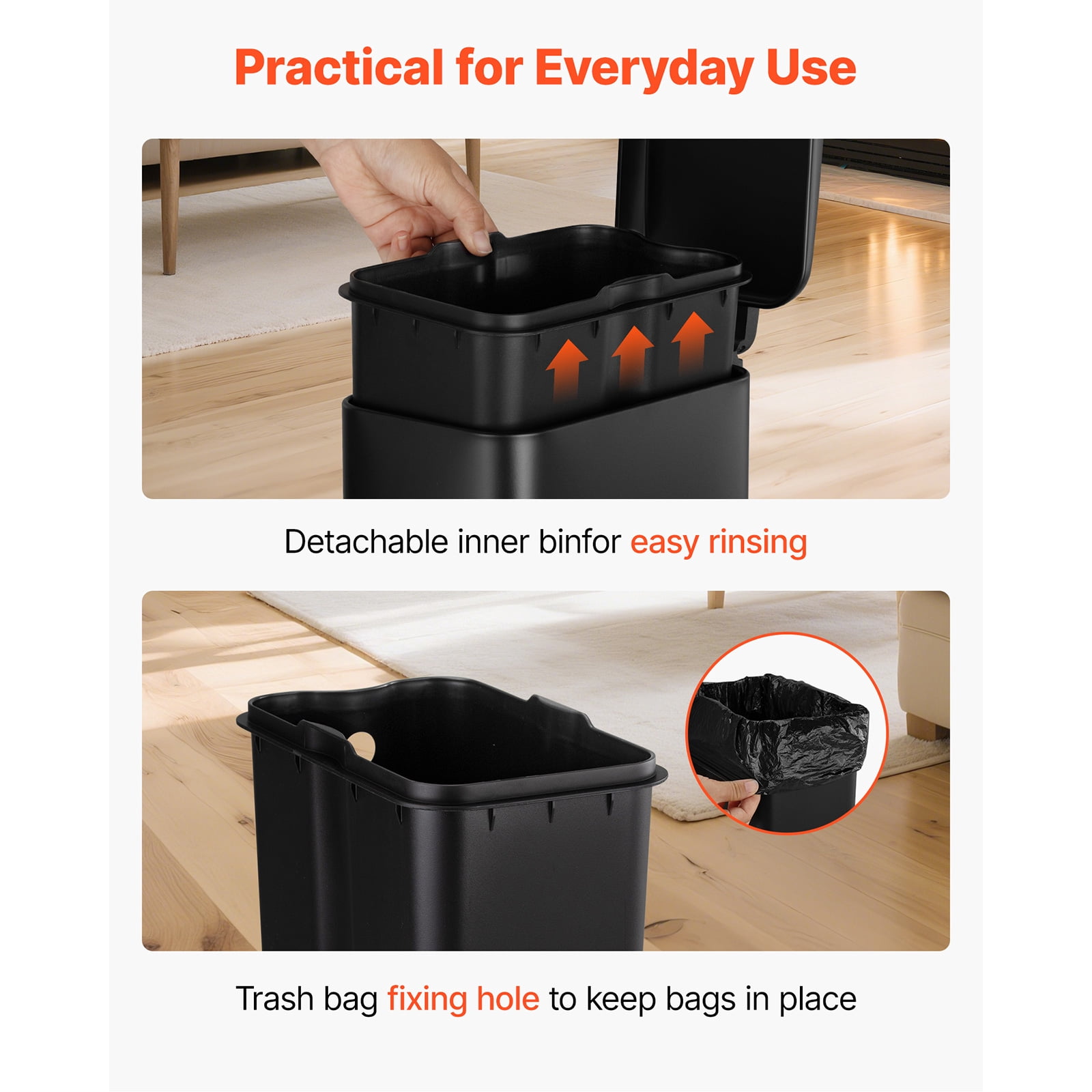 KFFKFF Slim Bathroom Trash Can, 11.4 x 5.71 x 10.7 Inch Compact Trashcan with Step Pedal & Quiet-Close Lid, 6L Steel Bin with Removable Inner Container, for Kitchen, Home, Dorm, Office, Black