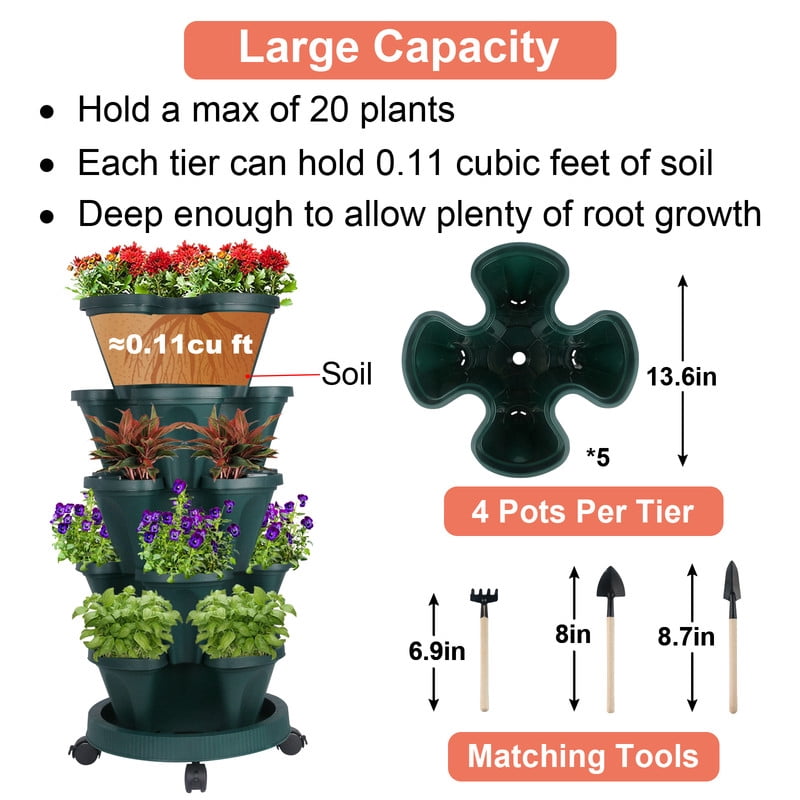 DUNCHATY 5 Tier Stackable Growing System for Strawberries and Herbs, High-Capacity Vertical Planter Tower, Outdoor Raised Garden Bed Alternative with Drainage Holes (Green)