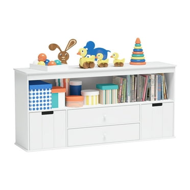GEZEN Kids Toy Storage Cabinet, Toddler’s Chest Cabinet with 4 Drawers Large Storage Cube Wood Book Shelf for Children's Playroom, Bedroom, White Finish