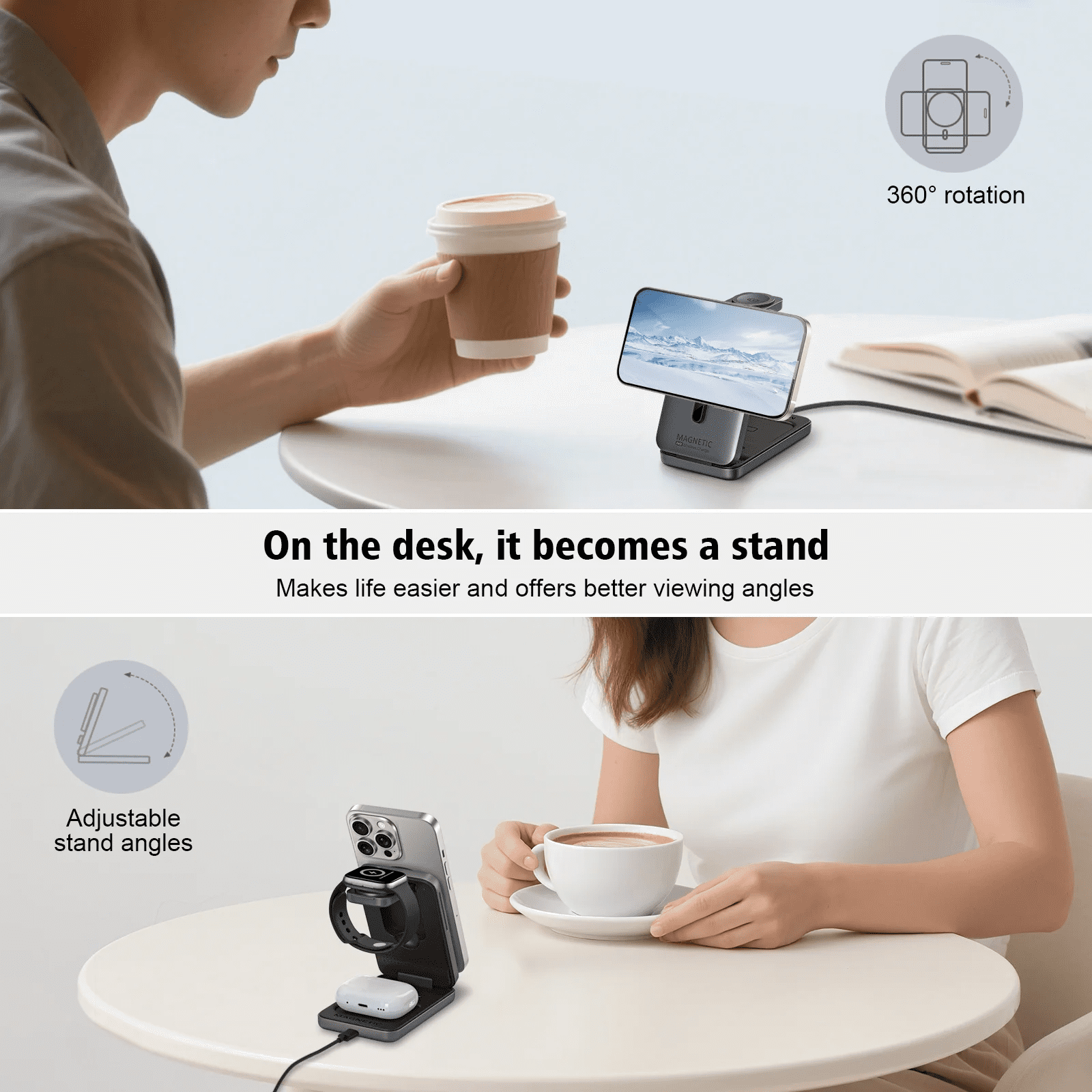 Upgraded 3-in-1 Wireless Charger for iPhone,Travel Magnetic Charger Foldable Compatible with Magsafe&iPhone 16/15/14/13/12,Apple Watch&AirPods
