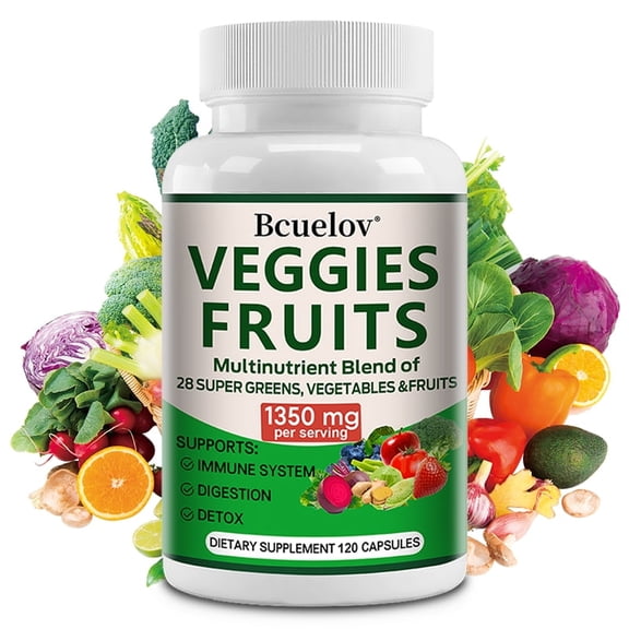 Bcuelov Veggies & Fruits Capsules, 1350mg Per Serving, 120 Count - 28 Organic Super Greens & Fruits Blend, Supports Immunity, Digestion & Detox, 2-Month Supply, Vegan Friendly