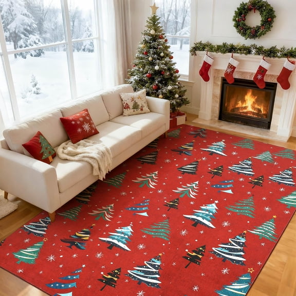 Red 8x10 Washable Rug for Home Decor,Indoor Non Slip Carpet,Soft Low Pile Christmas Rugs with Xmas Tree Motif for Entryway,Living Room,Bedroom