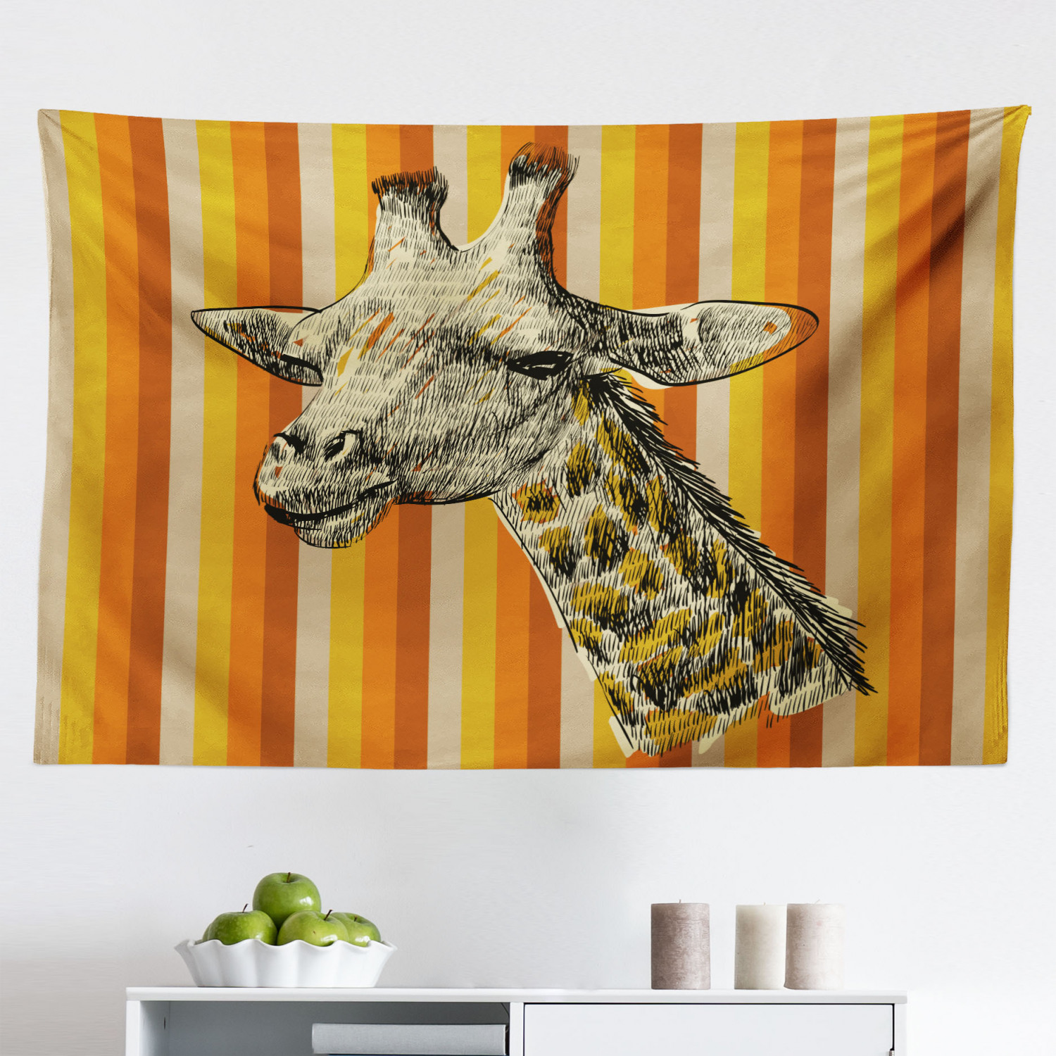 Giraffe Tapestry, Sketch of a Family Safari Wildlife in Tall Animal Zoo