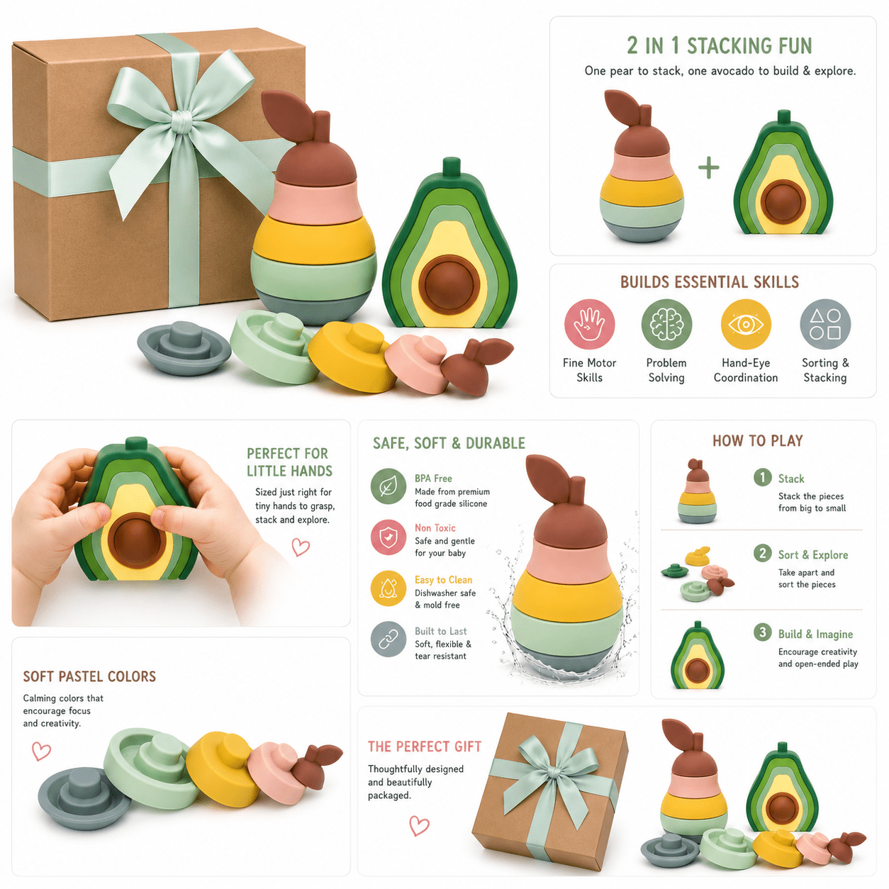 Avocado Stacker 6PC Toddler Toys, Baby Stacking Toys, Montessori Toys, Silicone Nesting Puzzle Blocks for Early Childhood Education, Army Green Series (Avocado/Pear), 6PCs