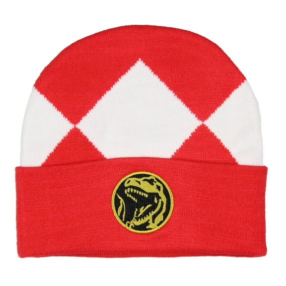 Mighty Morphin Power Ranger Embroidered TRex Dinosaur Coin Red Ranger Knit Cuff Men's Beanie Winter Hat Cap OSFM