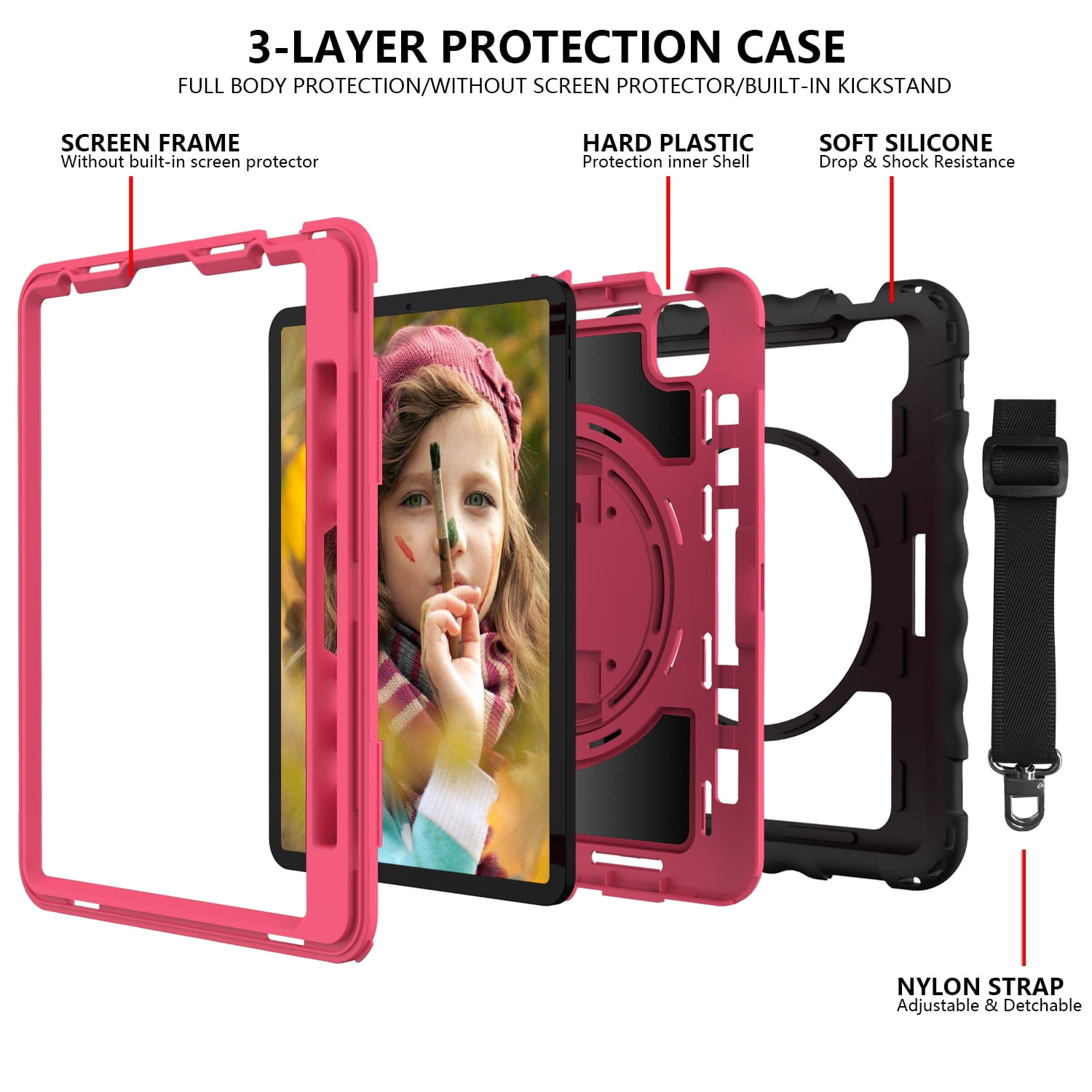Allytech iPad Air 5 4 10.9 Case 2022/2020, Heavy Duty Shockproof Kids Case with Pencil Holder Hand Strap Kickstand Shoulder Strap for Apple iPad Air 5th 4th Generation 10.9 Inch -Black/Rose