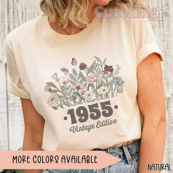 1955 Birthday T-Shirt for Women, Wildflowers 70th Birthday Shirt, Vintage Birth Year Tee, Plus Size Gift