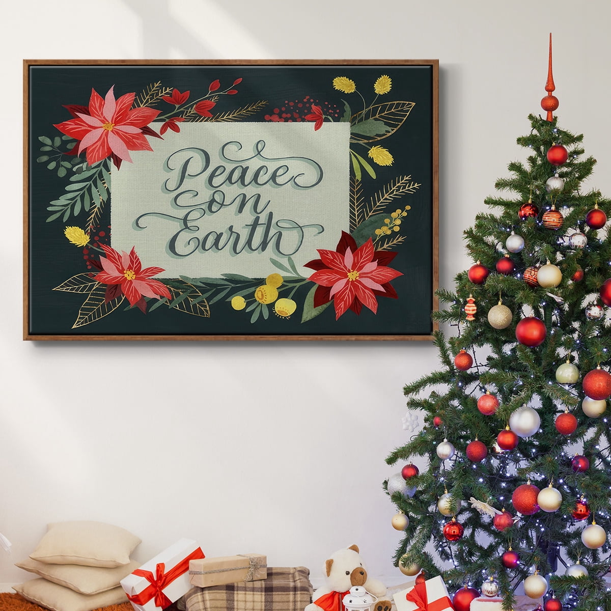 Bright Christmas Night II - Framed Gallery Wrapped Holiday Canvas - 17 x 25 - Rosewood Frame