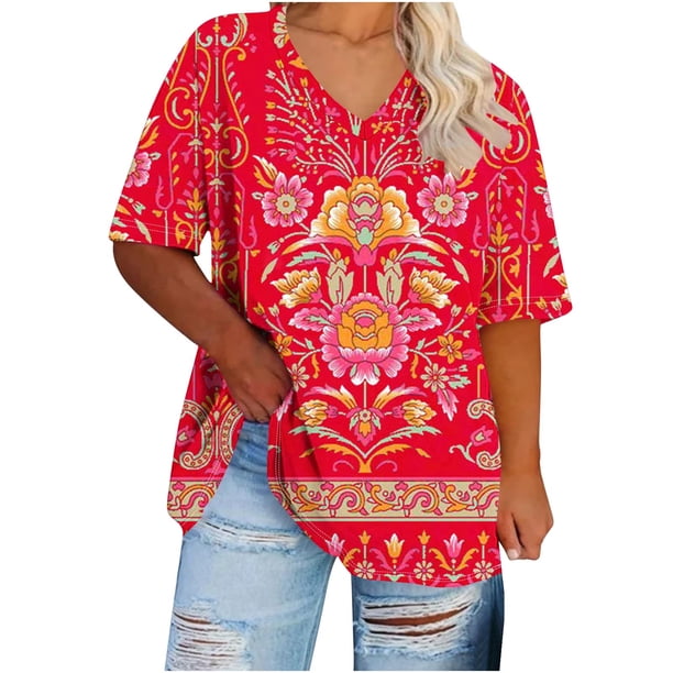 Camisetas Casuales de las Mujeres de Manga Corta de Cuello en V Oversized Camiseta Deportiva de Verano, Top Impreso Casual