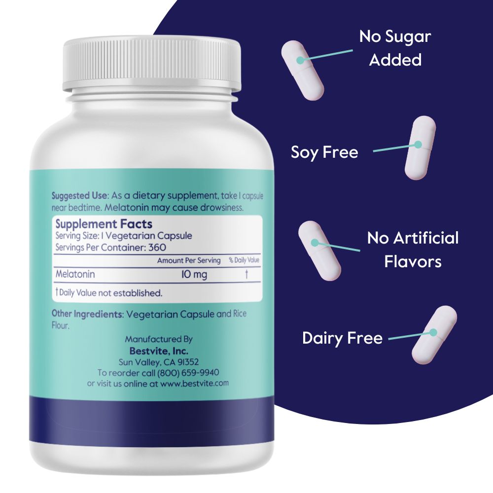 Melatonin 10mg (360 Vegetarian Capsules) - No Stearates - No Flow Agents - Vegan - Non GMO - Easy to Swallow Small Capsules