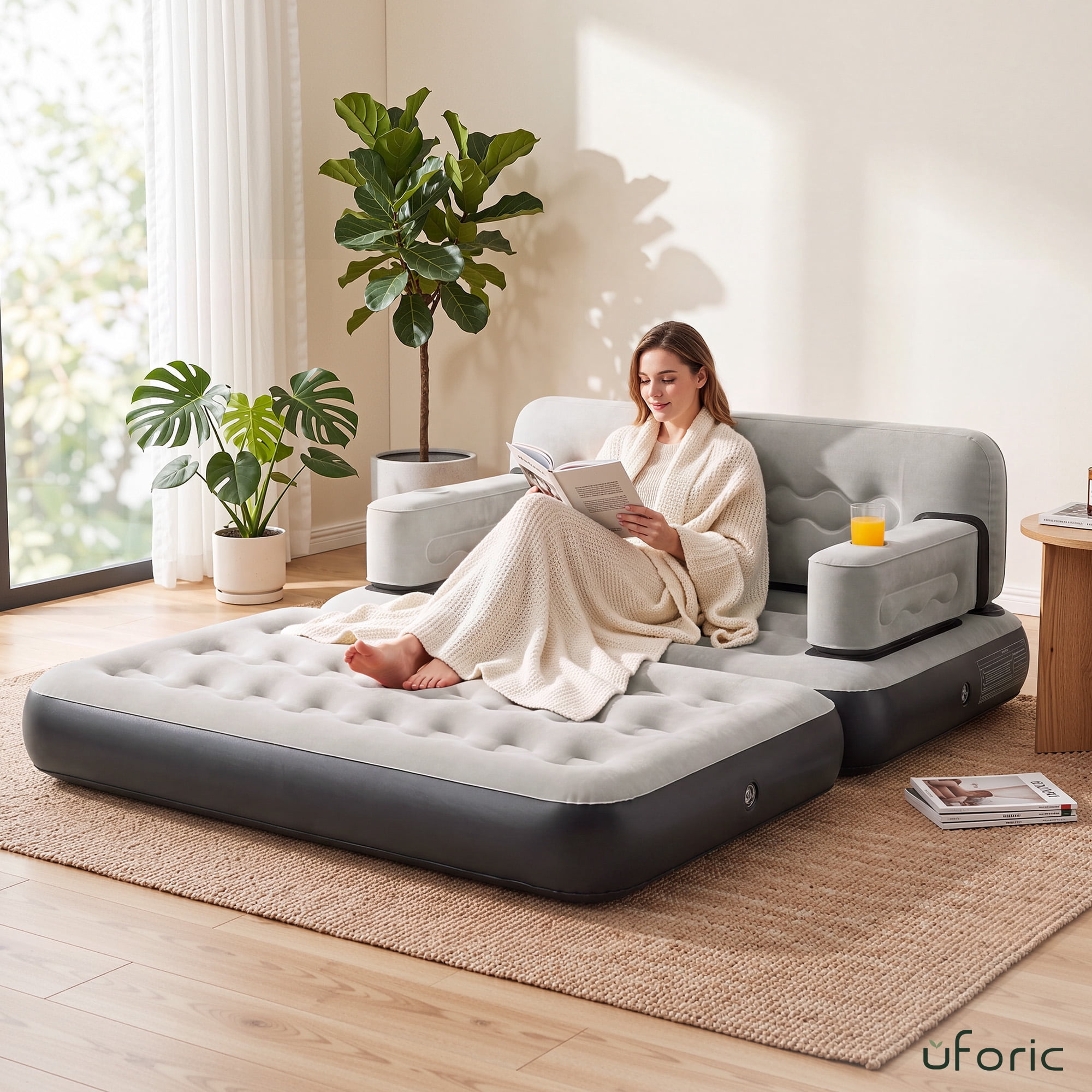 Uforic Queen Size 2-in-1 Convertible Air Sofa Bed with Wave Headboard, Pump, Cup Holders & Storage Pocket for Guest Camping, Gray