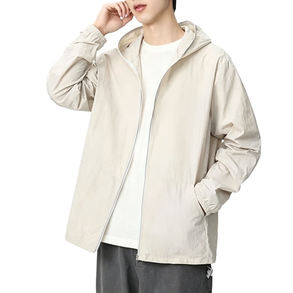 Mens UPF 50 Sun Protection Jacket Hooded Long Sleeve Zipper Lightweight Quick Dry Windbreaker Fashion Athletic Top with Pockets Beige M