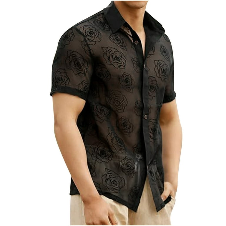 トップス SHEER FLOWER SHORT SLEEVE SHIRTS BLACK Men's Fashion Black Button Shirt Floral Print Lightweight