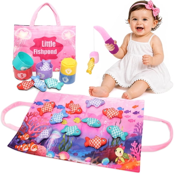 Montessori Learning Toys, Cloth Fishing Game with Stacking Cups, Toddler Toys 1-3 for Girls Boys
