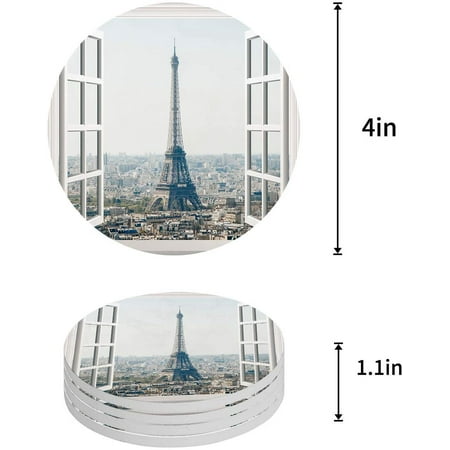 

ZHANZZK Scenery from The Window The Eiffel Tower in France Set of 4 Round Coaster for Drinks Absorbent Ceramic Stone Coasters Cup Mat with Cork Base for Home Kitchen Room Coffee Table Bar Decor