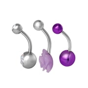 Womens Silver Tone Belly Ring 3-Pack with Purple Crystal and Rose Design, 14G