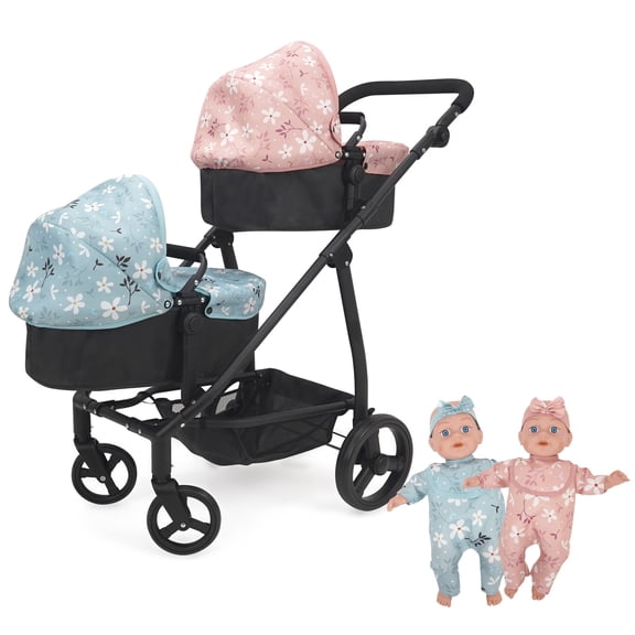 509 Crew: Springtime - Deluxe City Twin Stroller & Baby Dolls Set - Black & Flowers, Pink-Blue Outfits, Converts To Jogger & Push Pram, Toy, Kids 3 