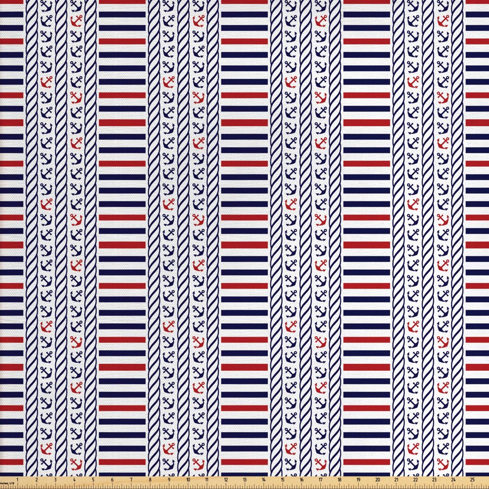 Nautical Fabric by The Yard, Marine Pattern with Stripes Anchors Rope